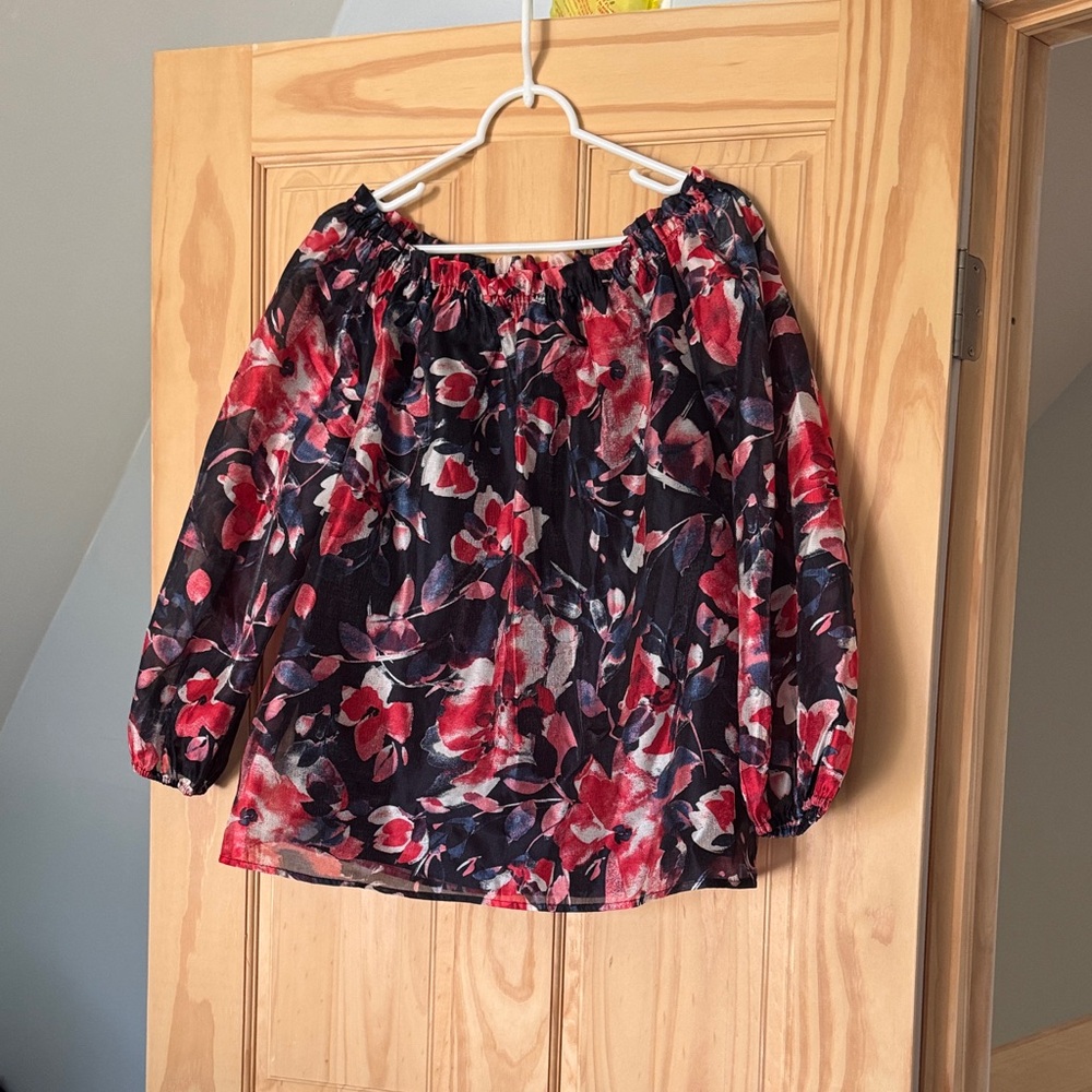 Anne Klein Red and Black Floral Blouse